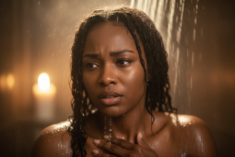 give me a picture of a black woman in the shower a bit tight and a little stressed